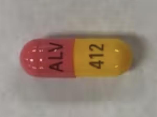 Pill ALV 412 Pink & Yellow Capsule/Oblong is Hydrocodone Bitartrate Extended-Release