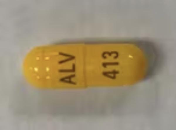 Pill ALV 413 Yellow Capsule/Oblong is Hydrocodone Bitartrate Extended-Release