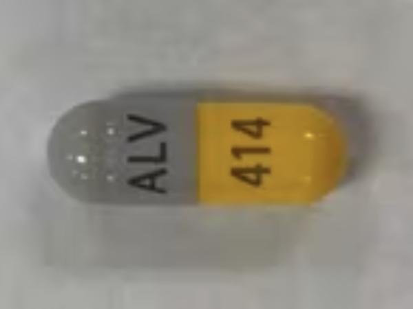 Pill ALV 414 Gray & Yellow Capsule/Oblong is Hydrocodone Bitartrate Extended-Release