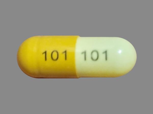 Pill 101 101 Brown & Yellow Capsule/Oblong is Nitrofurantoin (Monohydrate/Macrocrystals)