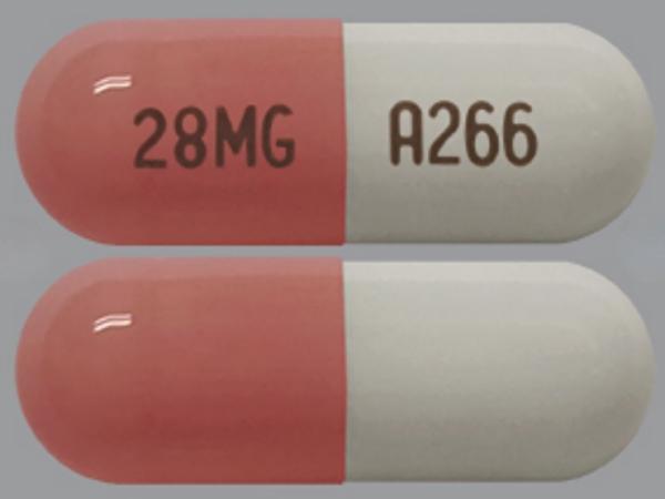 Pill 28MG A266 Pink & White Capsule/Oblong is Memantine Hydrochloride Extended-Release