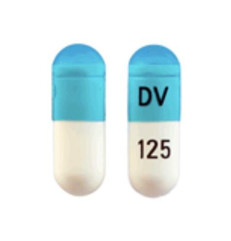 Pill DV 125 Blue & White Capsule/Oblong is Divalproex Sodium Delayed-Release (Sprinkle)