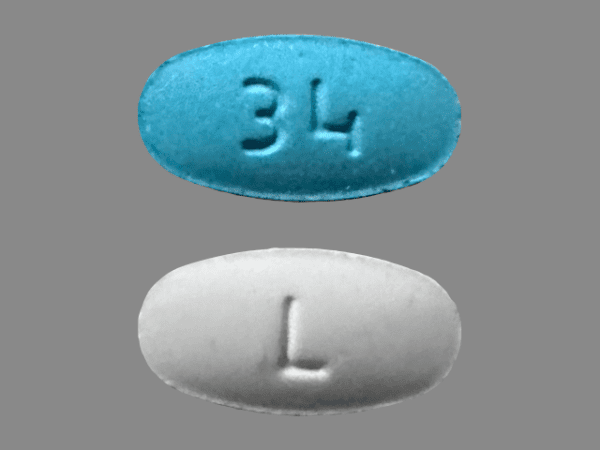 Pill L 34 Blue & White Oval is Meclizine Hydrochloride