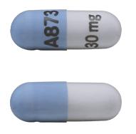Pill A873 30 mg Blue & White Capsule/Oblong is Methylphenidate Hydrochloride Extended-Release
