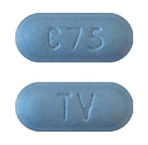 Pill TV C75 Blue Capsule/Oblong is Emtricitabine and Tenofovir Disoproxil Fumarate