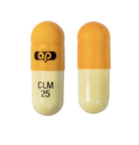 Pill ap CLM 25 Yellow & White Capsule/Oblong is Clomipramine Hydrochloride