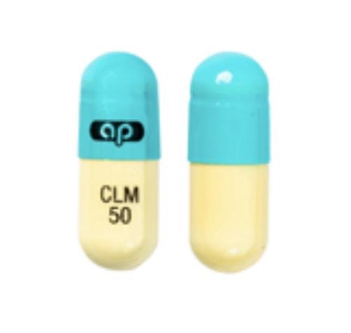 Pill ap CLM 50 Blue & White Capsule/Oblong is Clomipramine Hydrochloride