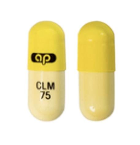 Pill ap CLM 75 Yellow & White Capsule/Oblong is Clomipramine Hydrochloride