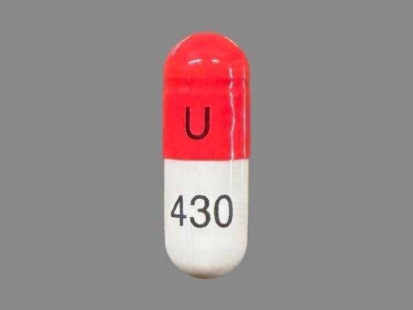 Pill U 430 Red & White Capsule/Oblong is Zonisamide