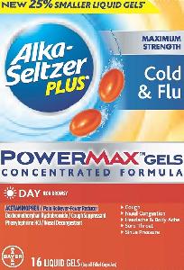 Alka-seltzer plus maximum strength day cold flu powermax gels acetaminophen 325 mg / dextromethorphan hydrobromide 10 mg / phenylephrine hydrochloride 5 mg ASP DC