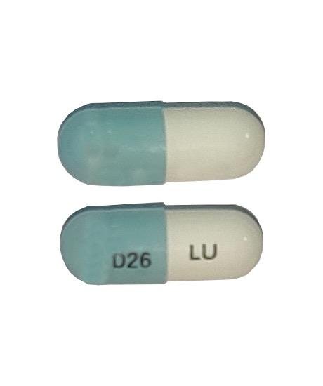 Pill D26 LU Blue & White Capsule/Oblong is Droxidopa