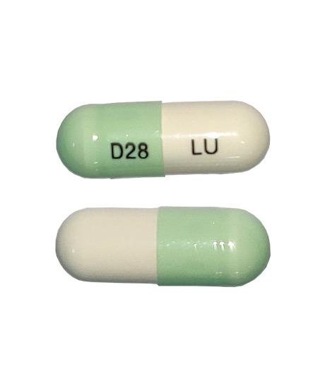 Pill D28 LU Green & White Capsule/Oblong is Droxidopa