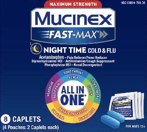 Pill VVV CF is Mucinex Fast-Max Night Time Cold and Flu acetaminophen 325 mg / diphenhydramine hydrochloride 12.5 mg / phenylephrine hydrochloride 5 mg