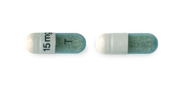 Pill 15 mg T Blue & White Capsule/Oblong is Amphetamine and Dextroamphetamine Extended Release