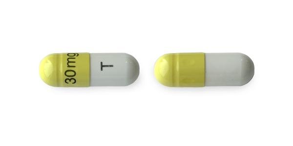 Pill 30 mg T Yellow & White Capsule/Oblong is Amphetamine and Dextroamphetamine Extended Release