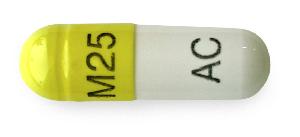 Pill M25 AC Yellow & White Capsule/Oblong is Dexmethylphenidate Hydrochloride Extended-Release