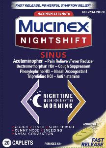 Pil VVV-logo (halve maan) is Mucinex Nightshift Sinus Maximale sterkte paracetamol 325 mg / dextromethorfanhydrobromide 10 mg / fenylefrinehydrochloride 5 mg / triprolidinehydrochloride 1,25 mg