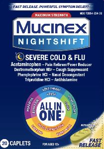 Mucinex nightshift severe cold and flu maximum strength acetaminophen 325 mg / dextromethorphan hydrobromide 10 mg / phenylephrine hydrochloride 5 mg / triprolidine hydrochloride 1.25 mg VVV Logo (crescent moon)