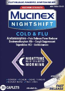 Pil VVV-logo (halve maan) is Mucinex Nightshift Koude en griep Maximale sterkte paracetamol 325 mg / dextromethorfanhydrobromide 10 mg / triprolidinehydrochloride 1,25 mg