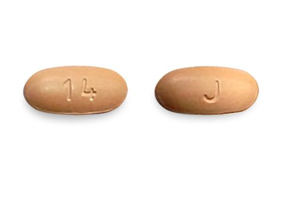 Pill J 14 Peach Oval is Lacosamide