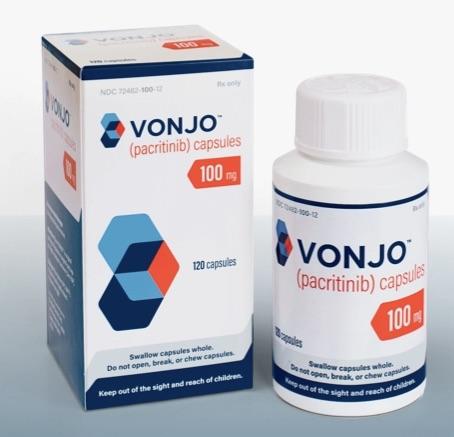 Pill Pacritinib 100 mg C78837 Gray & Red Capsule-shape is Vonjo