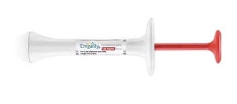 Pill medicine is Emgality 100 mg/mL single-dose prefilled syringe