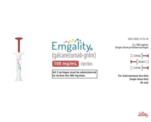 Лекарството за хапчета е Emgality 100 mg/mL еднодозова предварително напълнена спринцовка