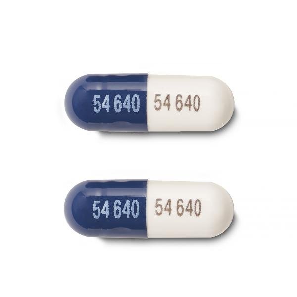 Pill 54 640 54 640 Blue & White Capsule/Oblong is Acetaminophen, Butalbital, Caffeine, and Codeine Phosphate