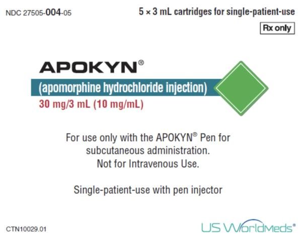 Apokyn (apomorphine) 30 mg/3 mL (10 mg/mL) cartridges for use with APOKYN Pen