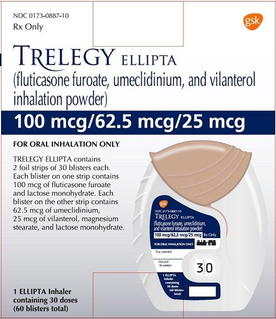 Trelegy Ellipta fluticasone furoate 100 mcg / umeclidinium 62.5 mcg / vilanterol 25 mcg inhalation powder (medicine)