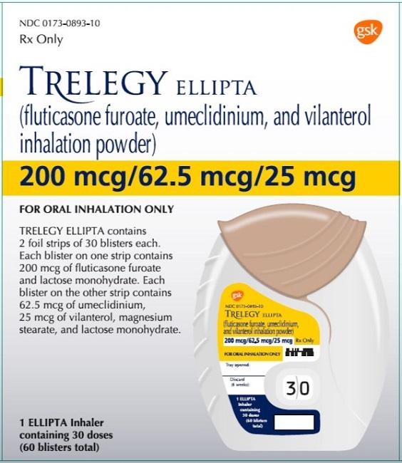 Trelegy Ellipta fluticasone furoate 200 mcg / umeclidinium 62.5 mcg / vilanterol 25 mcg inhalation powder (medicine)