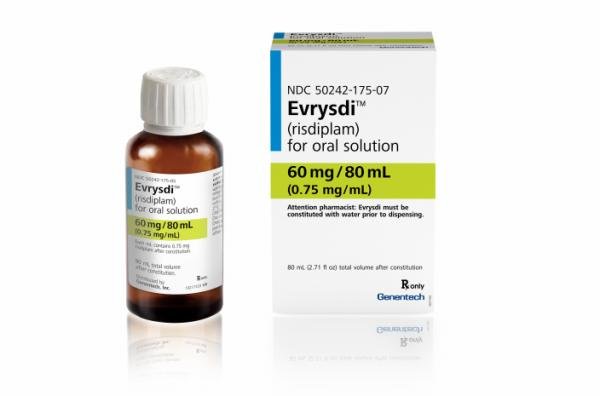 Evrysdi (risdiplam) 60 mg powder for constitution to provide 60 mg/80 mL (0.75 mg/mL) oral solution