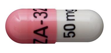 Pill ZA-32 50 mg Pink & White Capsule/Oblong is Zonisamide