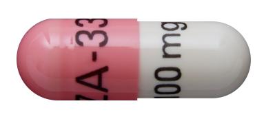 Pill ZA-33 100 mg Pink & White Capsule/Oblong is Zonisamide