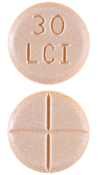 Pill 30 LCI Peach Round is Amphetamine and Dextroamphetamine