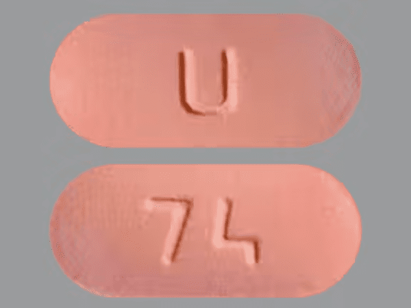 Pill U 74 Peach Capsule/Oblong is Quetiapine Fumarate Extended-Release