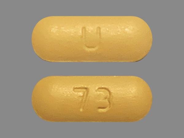 Pill U 73 Yellow Capsule/Oblong is Quetiapine Fumarate Extended-Release