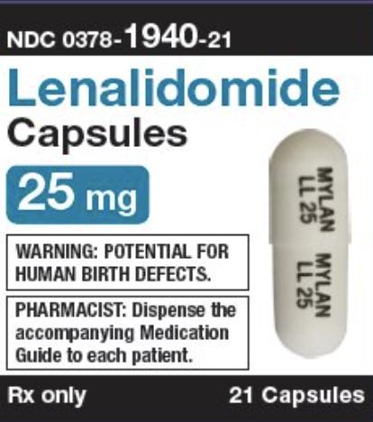 Pill MYLAN LL 25 MYLAN LL 25 White Capsule/Oblong is Lenalidomide