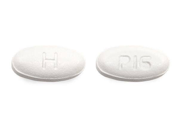 Pill H P16 White Oval is Pirfenidone