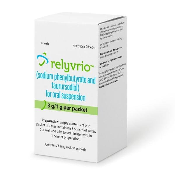 Pill medicine is Relyvrio sodium phenylbutyrate 3 g and taurursodiol 1 g in single-dose packets for oral suspension