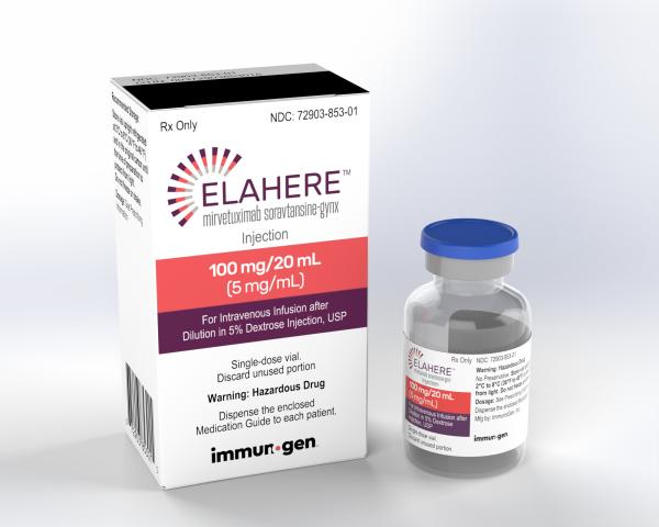 Pill medicine is Elahere 100 mg/20 mL (5 mg/mL) injection