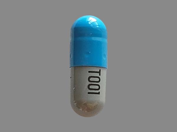Pill T001 Blue & Gray Capsule/Oblong is Dexlansoprazole Delayed-Release
