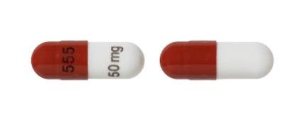 Pill 555 50mg Brown & White Capsule/Oblong is Pregabalin