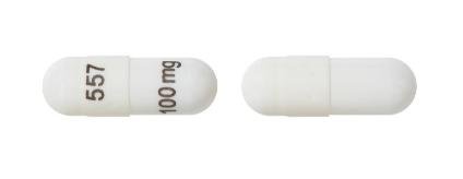 Pill 557 100mg White Capsule/Oblong is Pregabalin