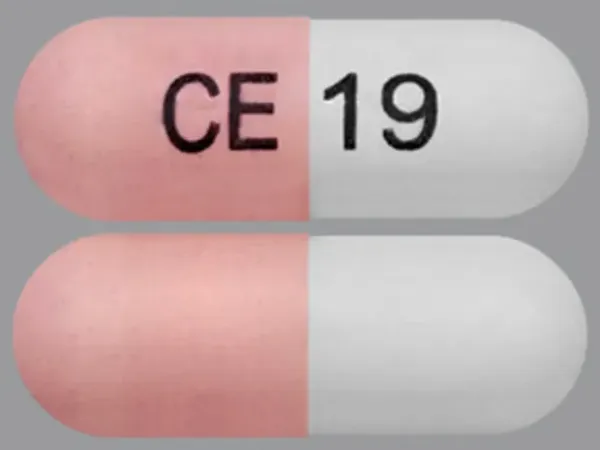 Pill CE 19 Pink & White Capsule/Oblong is Ursodiol