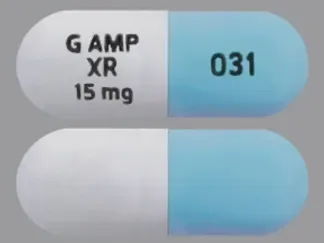 Pill G AMP XR 15 mg 031 Blue & White Capsule/Oblong is Amphetamine and Dextroamphetamine Extended Release