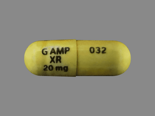 Pill G AMP XR 20 mg 032 Gold Capsule/Oblong is Amphetamine and Dextroamphetamine Extended Release