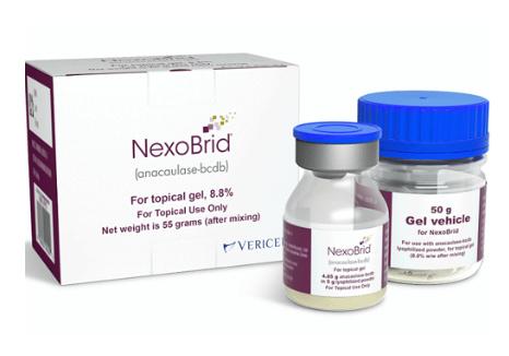 Nexobrid 5 g lyophilized powder (containing 4.85 grams of anacaulase-bcdb) and one glass jar of 50 g gel vehicle per carton medicine