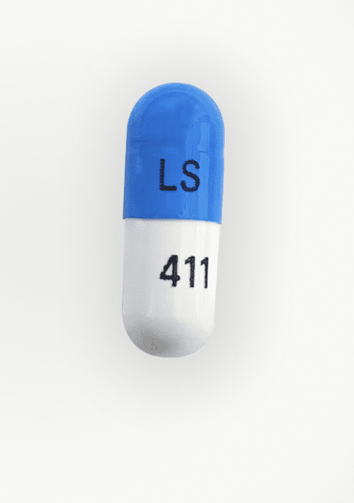 Pill LS 411 Blue & White Capsule/Oblong is Nitrofurantoin (Macrocrystals)