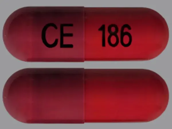 Pill CE 186 Maroon Capsule/Oblong is Rifampin